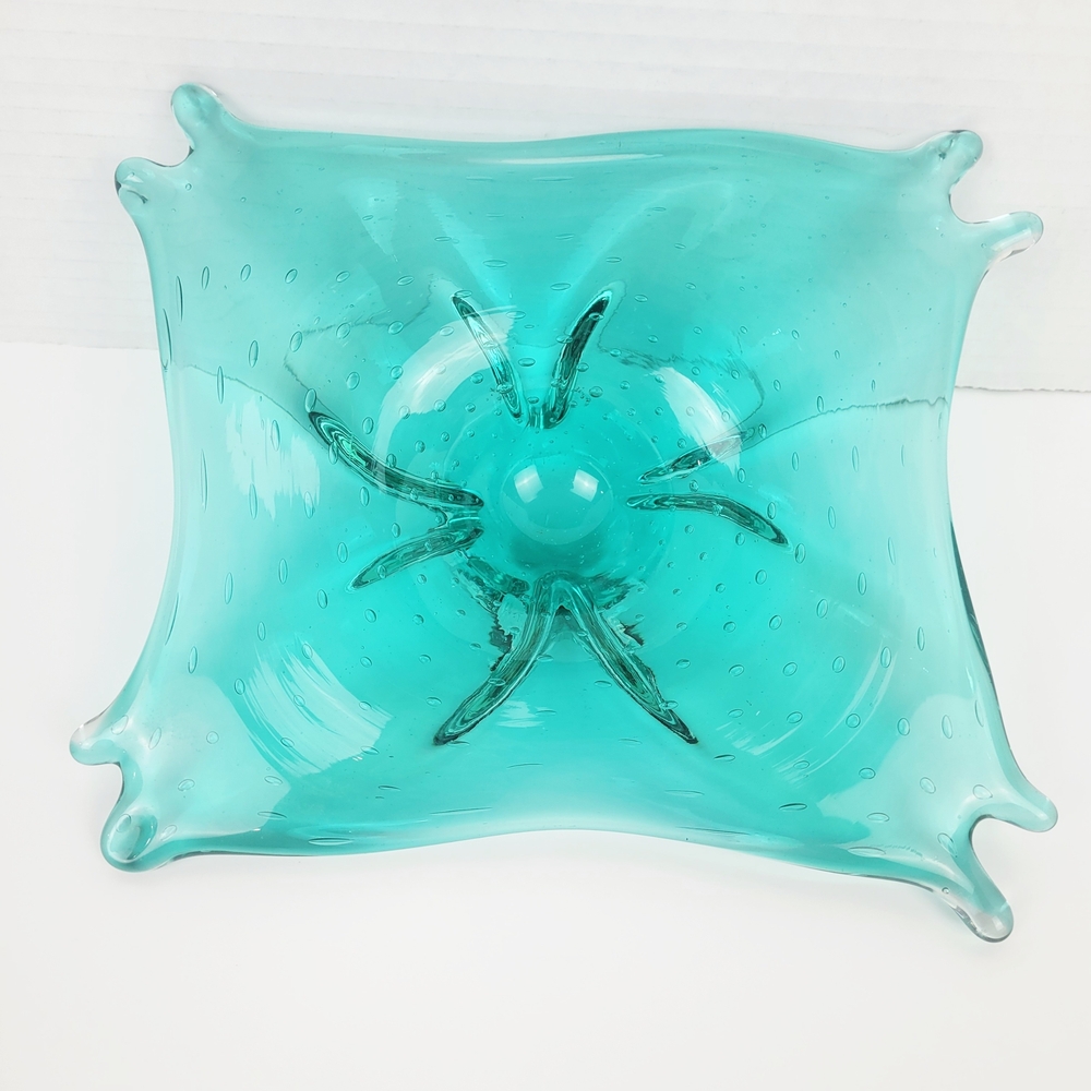 Vtg 60-70s~Murano Centerpiece Bowl~Controlled Bubbles~Stretch~MCM~Teal Aqua Blue